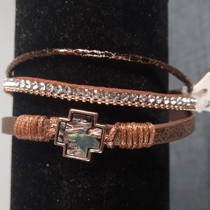 Brown Leather Gold Cross Religious Abolone Shell Pearl Magnetic Closure Bracelet